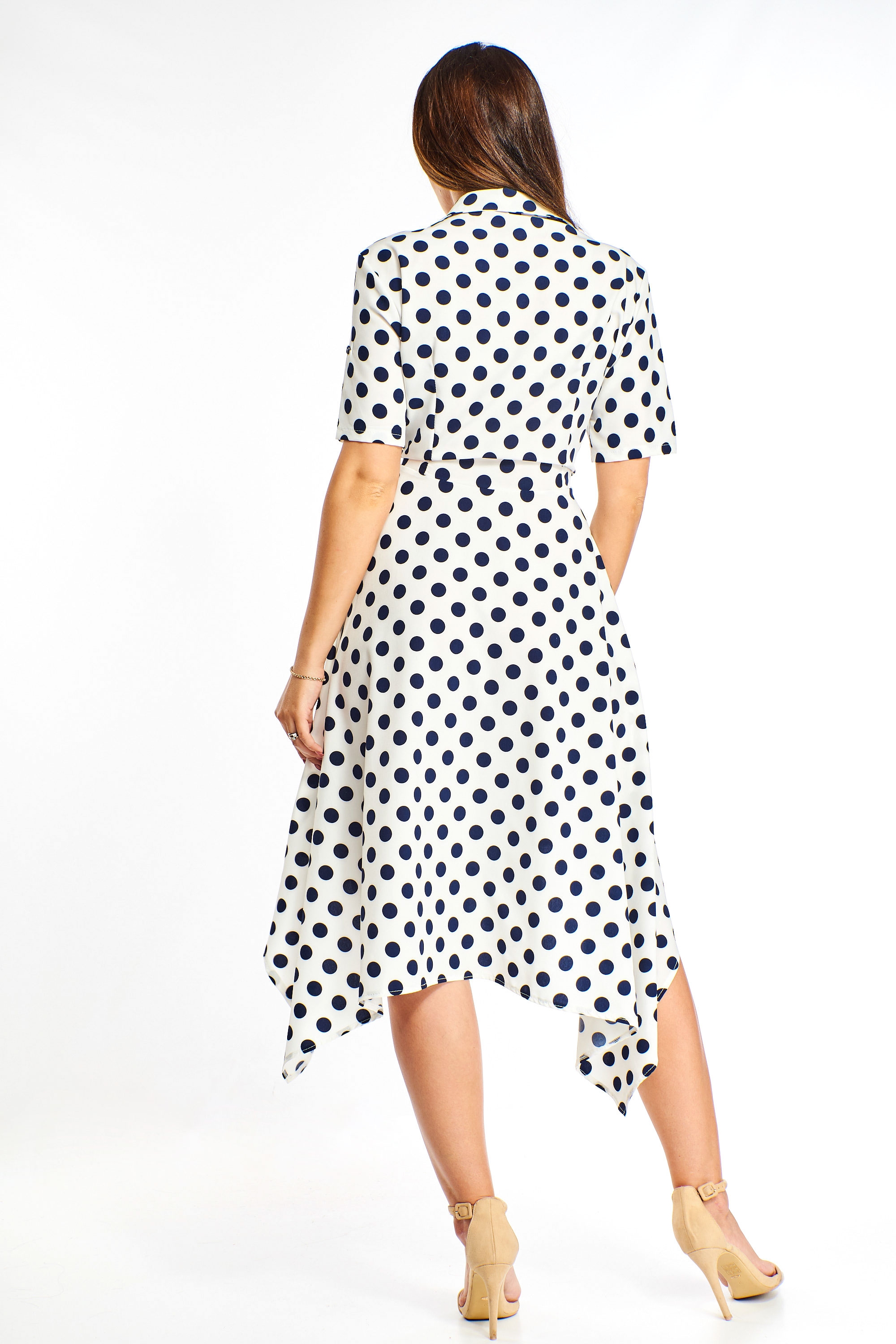 navy polka dot shirt dress