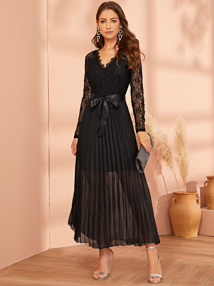 Black Pleat Lace Dress