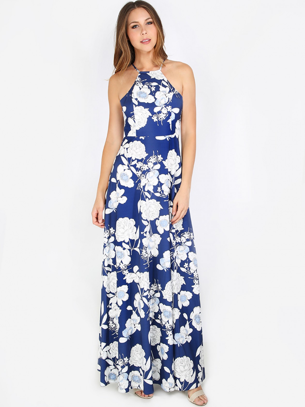 Forever Blue & White Halter Maxi Dress