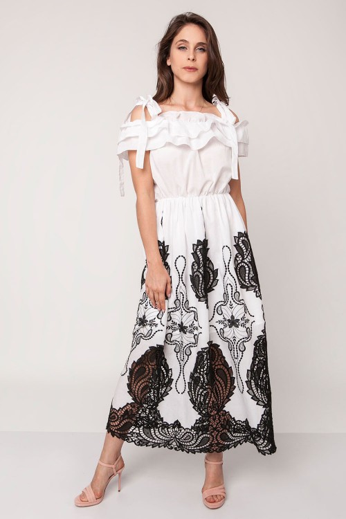 white and black embroidered dress