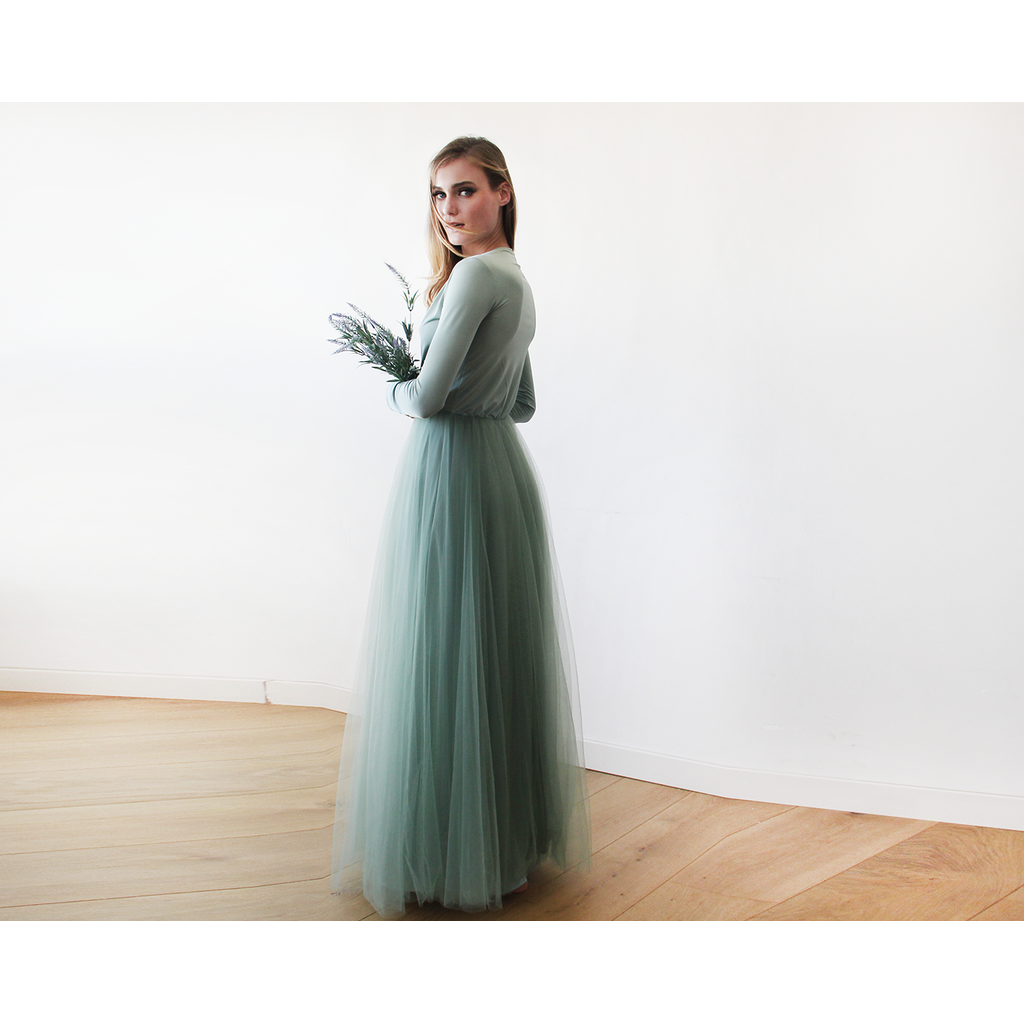 Sage Green Tulle Maxi Bridesmaid Dress